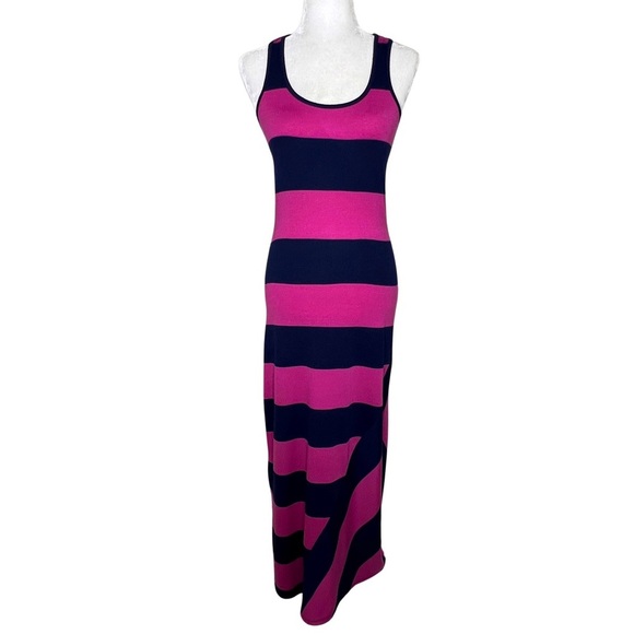 6 degrees Maxi Dress Stretchy Striped Racerback Fuchsia Hot Pink Navy Blue XS - Picture 11 of 11